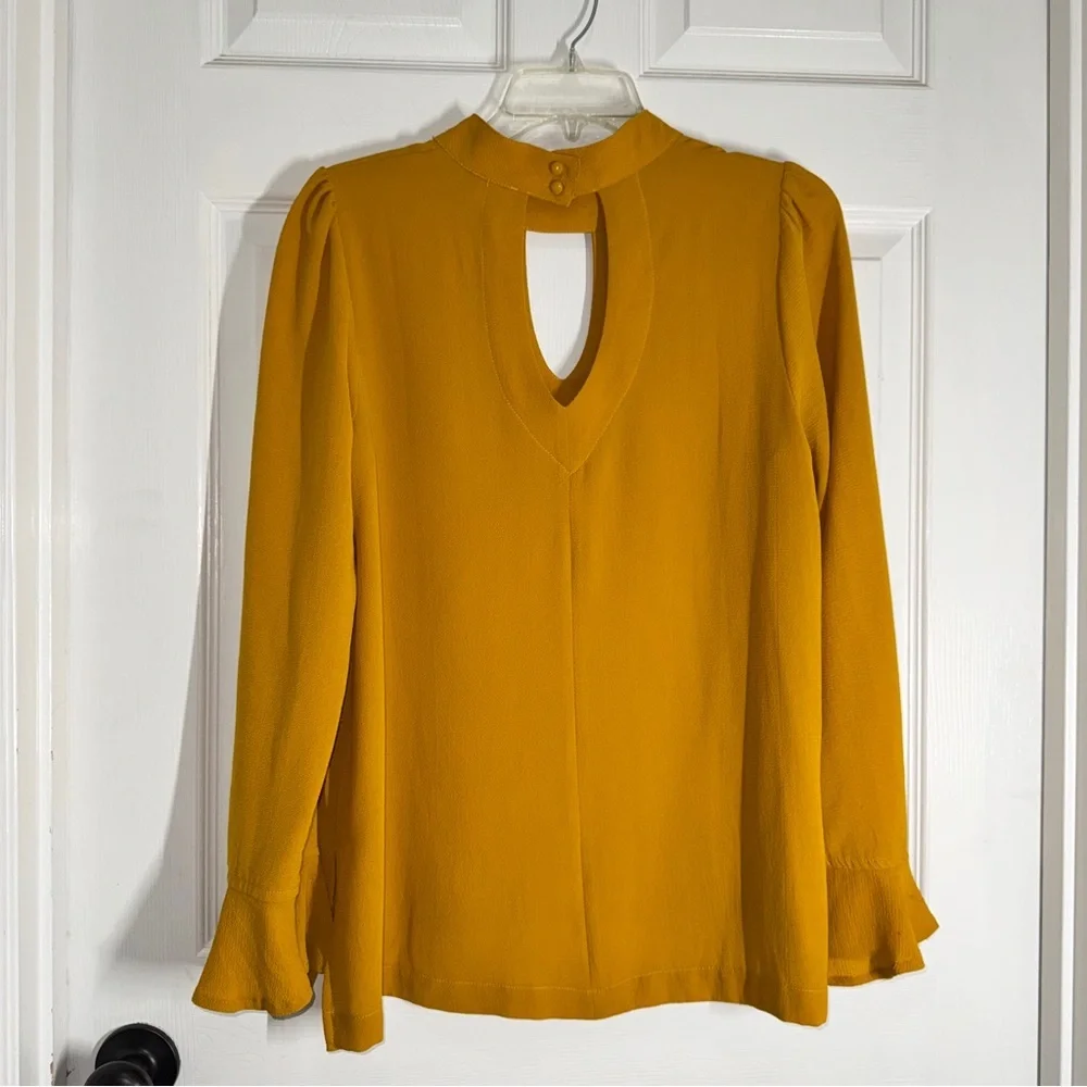JODIFL Golden Mustard Yellow Double Keyhole Long Sleeve Blouse Wrist Ruffles